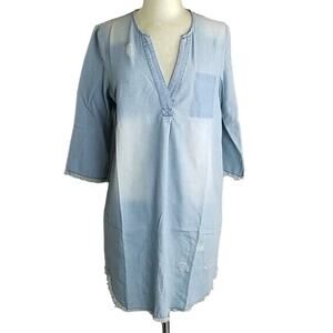 Oddi Shirt Women 8 Chambray Tunic Top Fringe Top Distressed Boho Lagenlook NWT